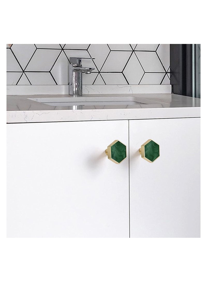 Green Gems Cabinet Dresser Drawer Knobs, Modern Furniture Brushed Brass Hexagon Drawer Knobs, Dresser Knobs with Screws for Kitchen, Bathroom, Bedroom, 4Pcs