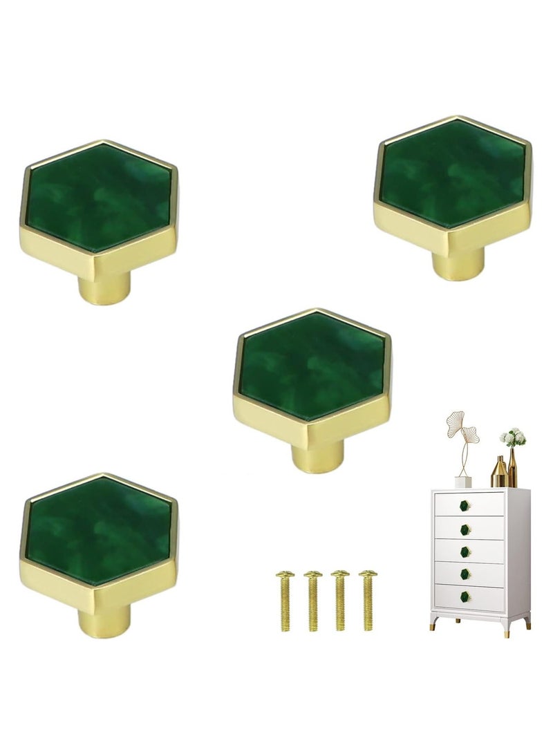 Green Gems Cabinet Dresser Drawer Knobs, Modern Furniture Brushed Brass Hexagon Drawer Knobs, Dresser Knobs with Screws for Kitchen, Bathroom, Bedroom, 4Pcs