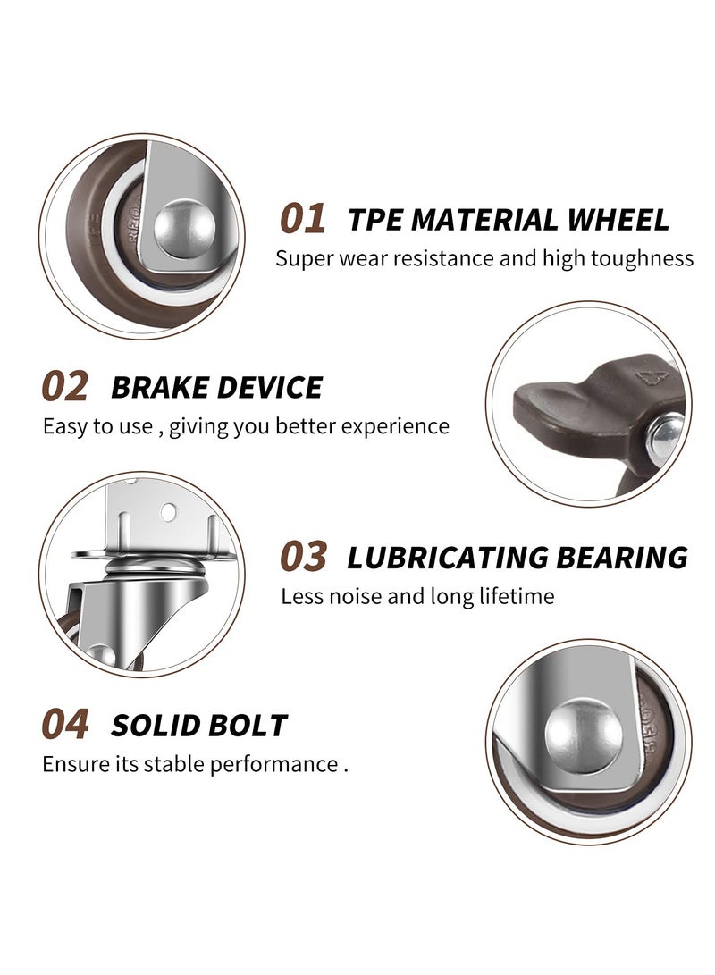 Swivel Casters, Pack of 4 No Floor Marks Silent Caster for Furniture, L-mounting Plate 25mm, Rubbered Wheels Suitable for Furniture, Flower Stands, Cribs (2 with Brakes & 2 Without Brakes)