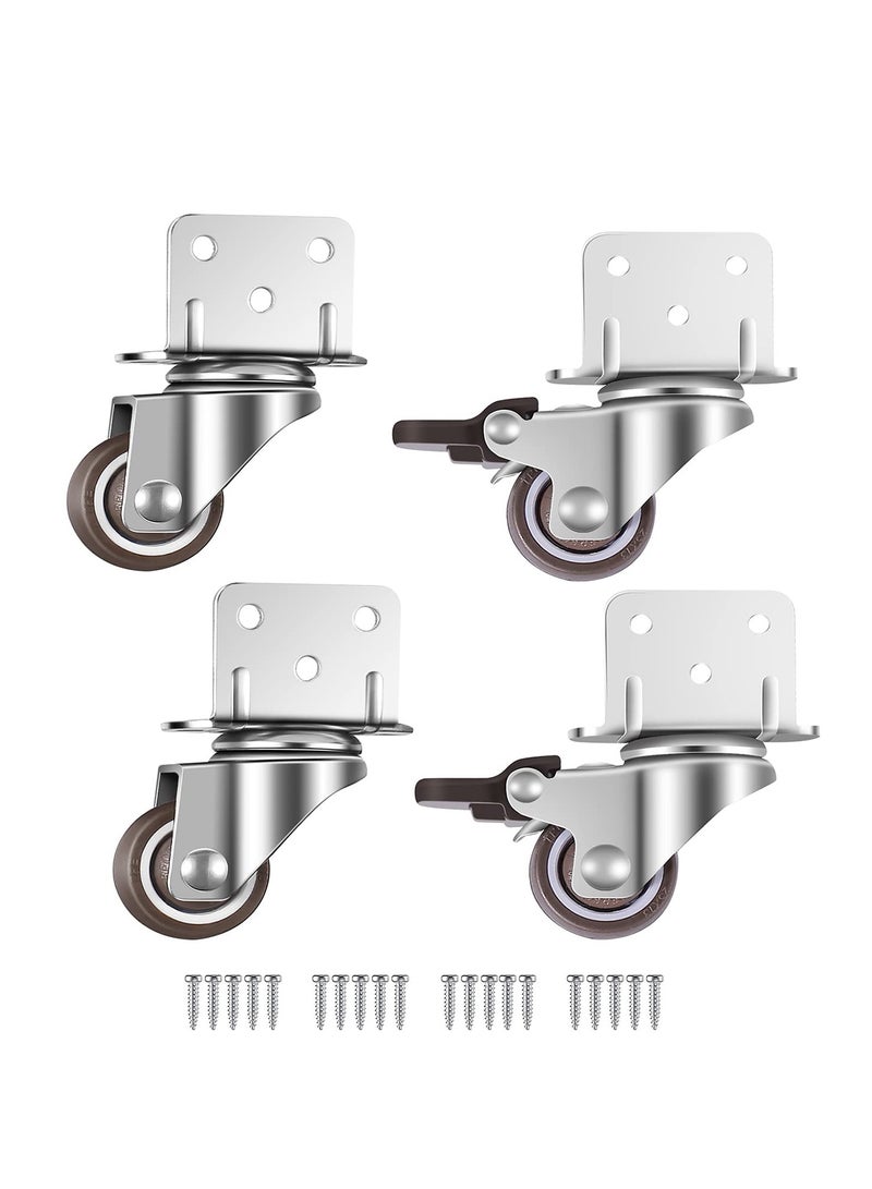 Swivel Casters, Pack of 4 No Floor Marks Silent Caster for Furniture, L-mounting Plate 25mm, Rubbered Wheels Suitable for Furniture, Flower Stands, Cribs (2 with Brakes & 2 Without Brakes)