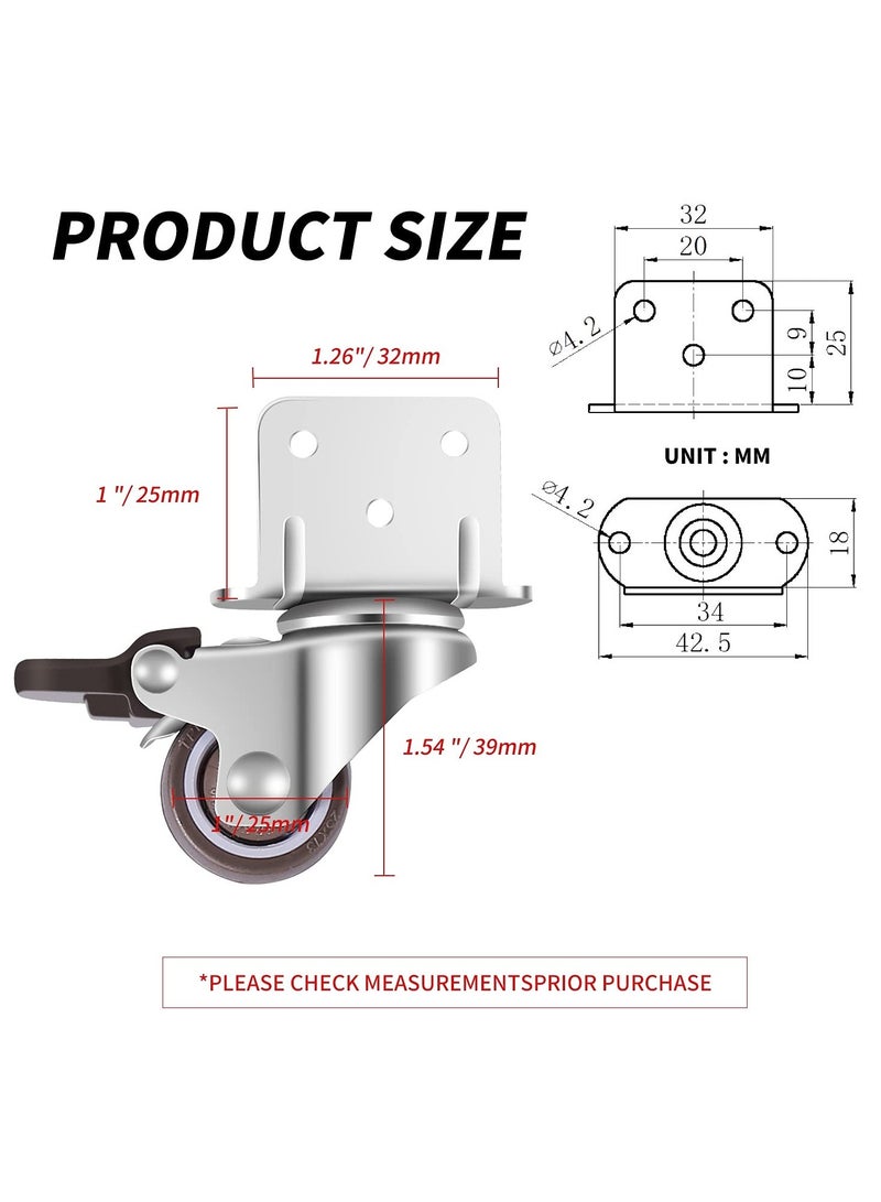 Swivel Casters, Pack of 4 No Floor Marks Silent Caster for Furniture, L-mounting Plate 25mm, Rubbered Wheels Suitable for Furniture, Flower Stands, Cribs (2 with Brakes & 2 Without Brakes)