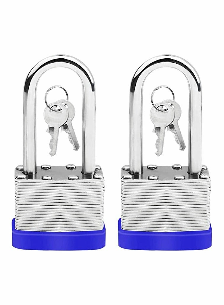 Long Shackle Pad Lock, 2 Pack Steel Pad Lock Padlock with Keys Heavy Duty Laminated Steel Key Pad Lock Secure Safety Tool for Home Garden Garage Fence Shed Indoor Outdoor