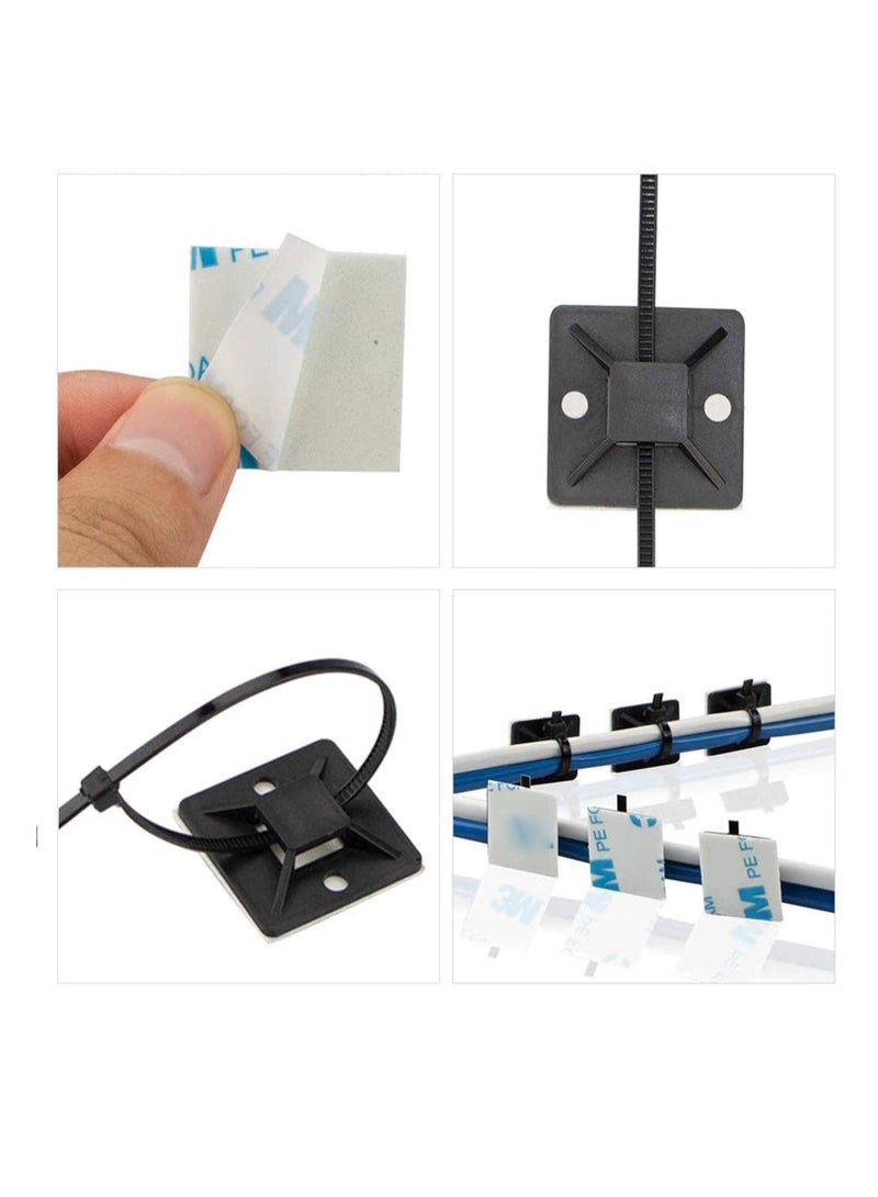 Cable Ties, 100Pcs Zip Tie Adhesive Mounts, Self Adhesive Cable Tie Base Holders, Adhesive Backed Mount with 500Pcs Nylon Cable Tie for Cable Management, DIY, Home, Office & Workshop