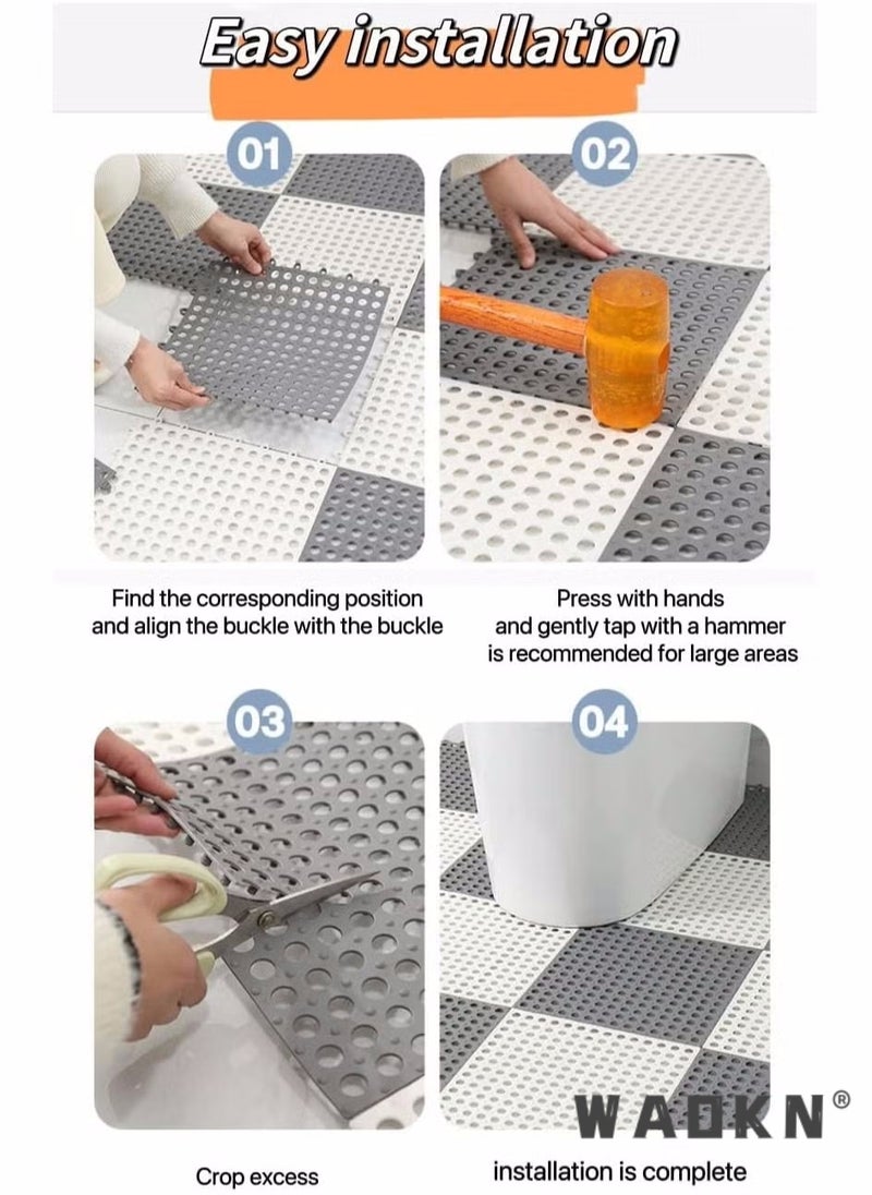 12 Pack Interlocking Non Slip Drainage Floor Tiles, 30 X 30 cm Soft PVC Bath Shower Floor Mat, Drainage Holes for Bathroom, Kitchen, Pool, Balcony Wet Areas (Ordinary 6pcs Gray+6pcs White)