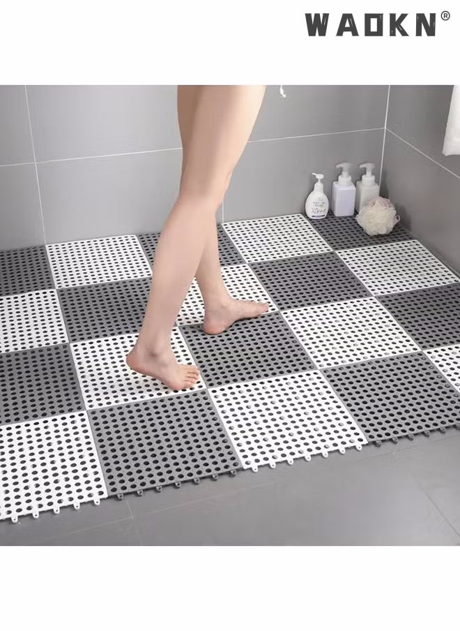 12 Pack Interlocking Non Slip Drainage Floor Tiles, 30 X 30 cm Soft PVC Bath Shower Floor Mat, Drainage Holes for Bathroom, Kitchen, Pool, Balcony Wet Areas (Ordinary 6pcs Gray+6pcs White)