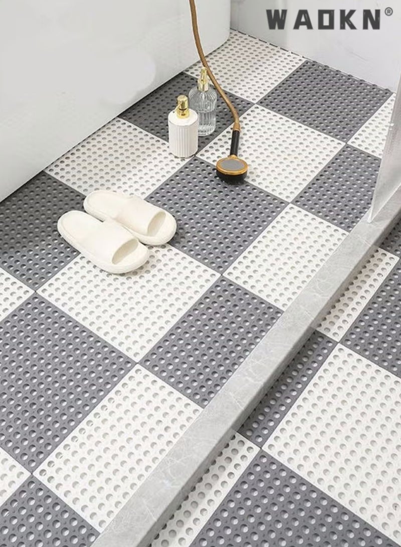 12 Pack Interlocking Non Slip Drainage Floor Tiles, 30 X 30 cm Soft PVC Bath Shower Floor Mat, Drainage Holes for Bathroom, Kitchen, Pool, Balcony Wet Areas (Ordinary 6pcs Gray+6pcs White)