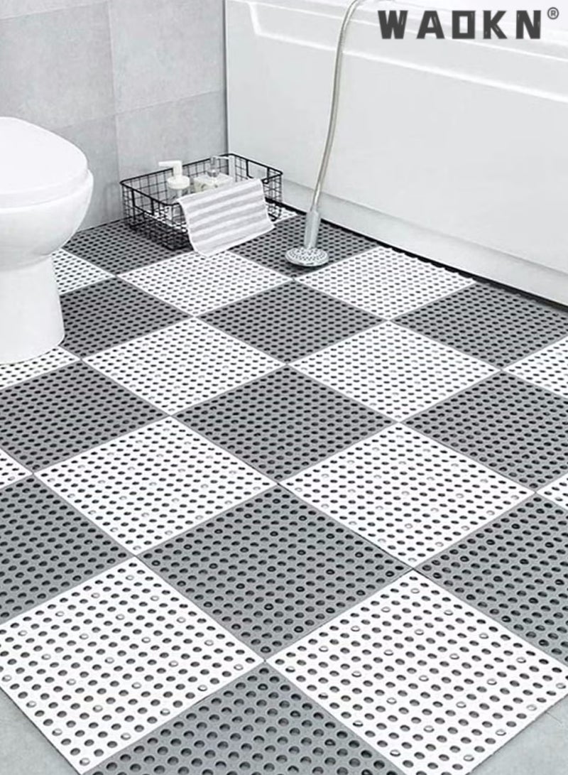 12 Pack Interlocking Non Slip Drainage Floor Tiles, 30 X 30 cm Soft PVC Bath Shower Floor Mat, Drainage Holes for Bathroom, Kitchen, Pool, Balcony Wet Areas (Ordinary 6pcs Gray+6pcs White)