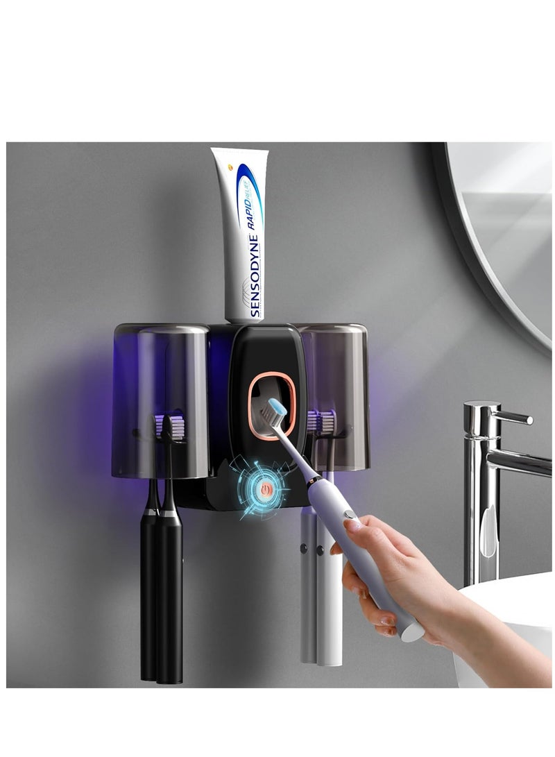 Toothbrush Holders for Bathrooms Automatic Toothpaste Dispenser Space Saving Toothbrush and Toothpaste Holder Toothbrush Holder Wall Mounted with 2 Cups for Bathroom Black