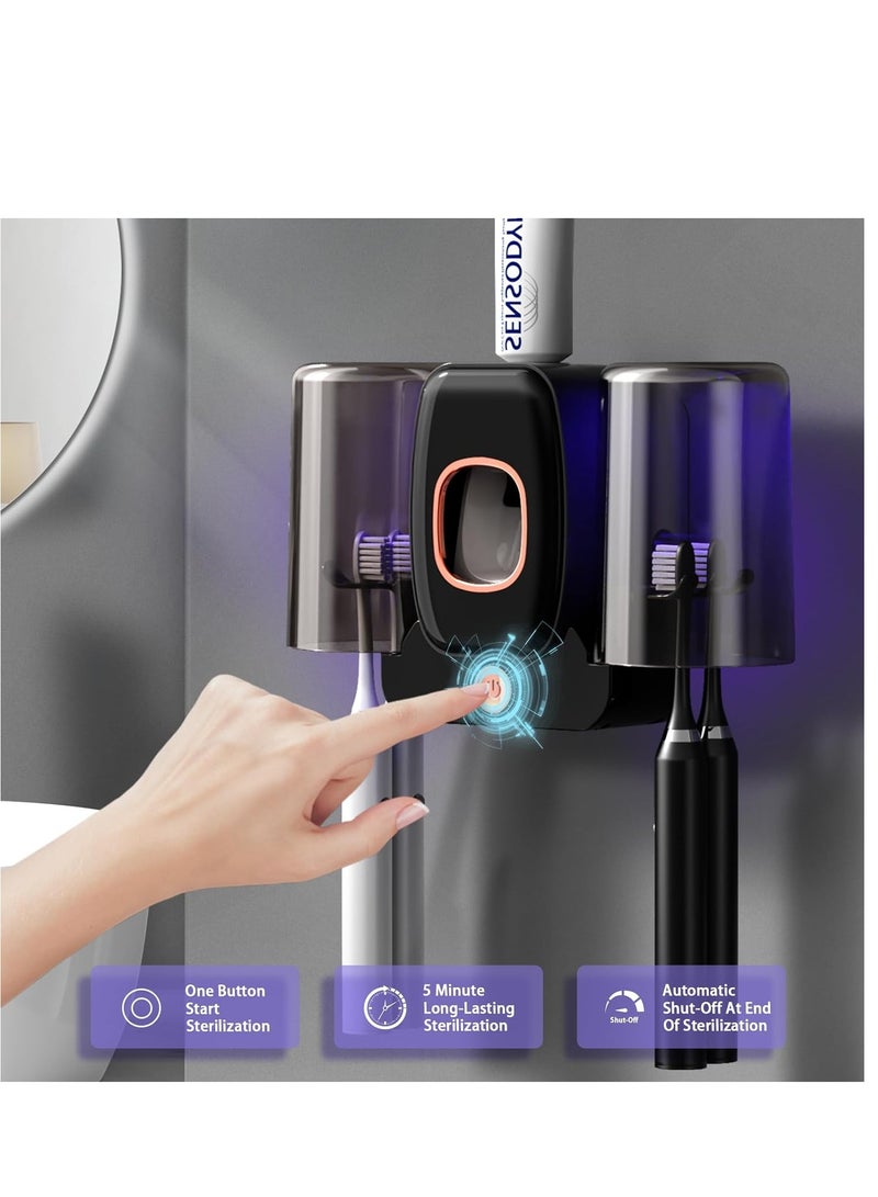 Toothbrush Holders for Bathrooms Automatic Toothpaste Dispenser Space Saving Toothbrush and Toothpaste Holder Toothbrush Holder Wall Mounted with 2 Cups for Bathroom Black