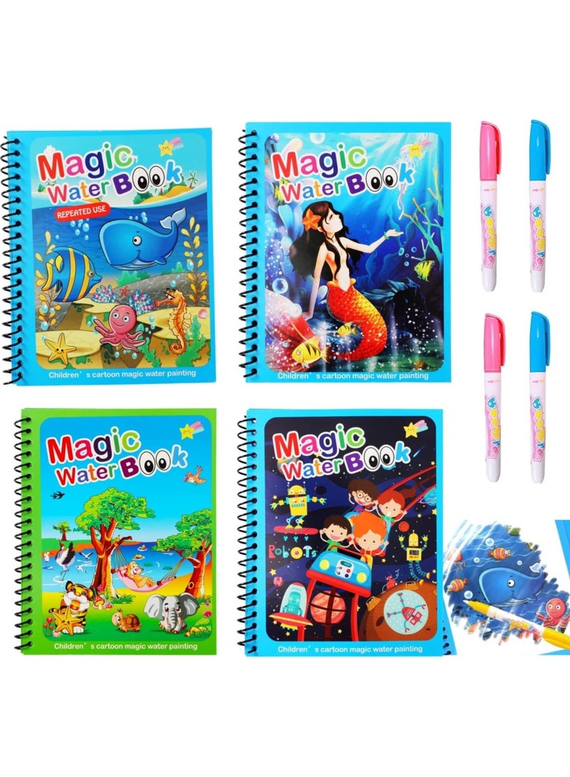 Watercolor Picture Books Water Coloring Magic Book Toddlers Kids Reusable Painting Unicorn Animal Cartoon Coloring Book Boys Girls Educational Learning Toys Gifts(4 Pack)