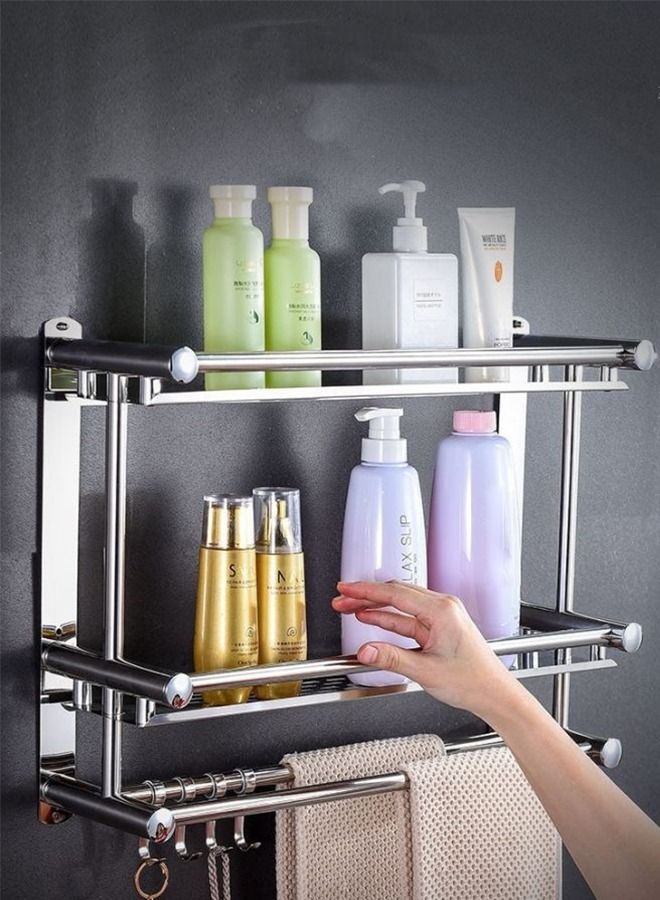 Bathroom Shelf 3 Tier Wall Mount Rack With Double Layer Towel Holders No Drilling And No Screw Heavy Duty Shelf Shower Caddy