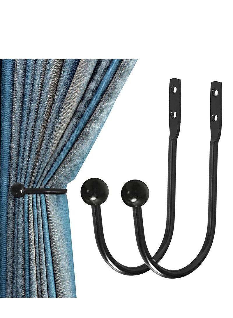 Curtain Holdback, 2pcs Wall Mounted Drapery Tiebacks with Screws, Heavy Duty Metal Decorative Window Drapery Holder Curtain Hook with Screws, Black