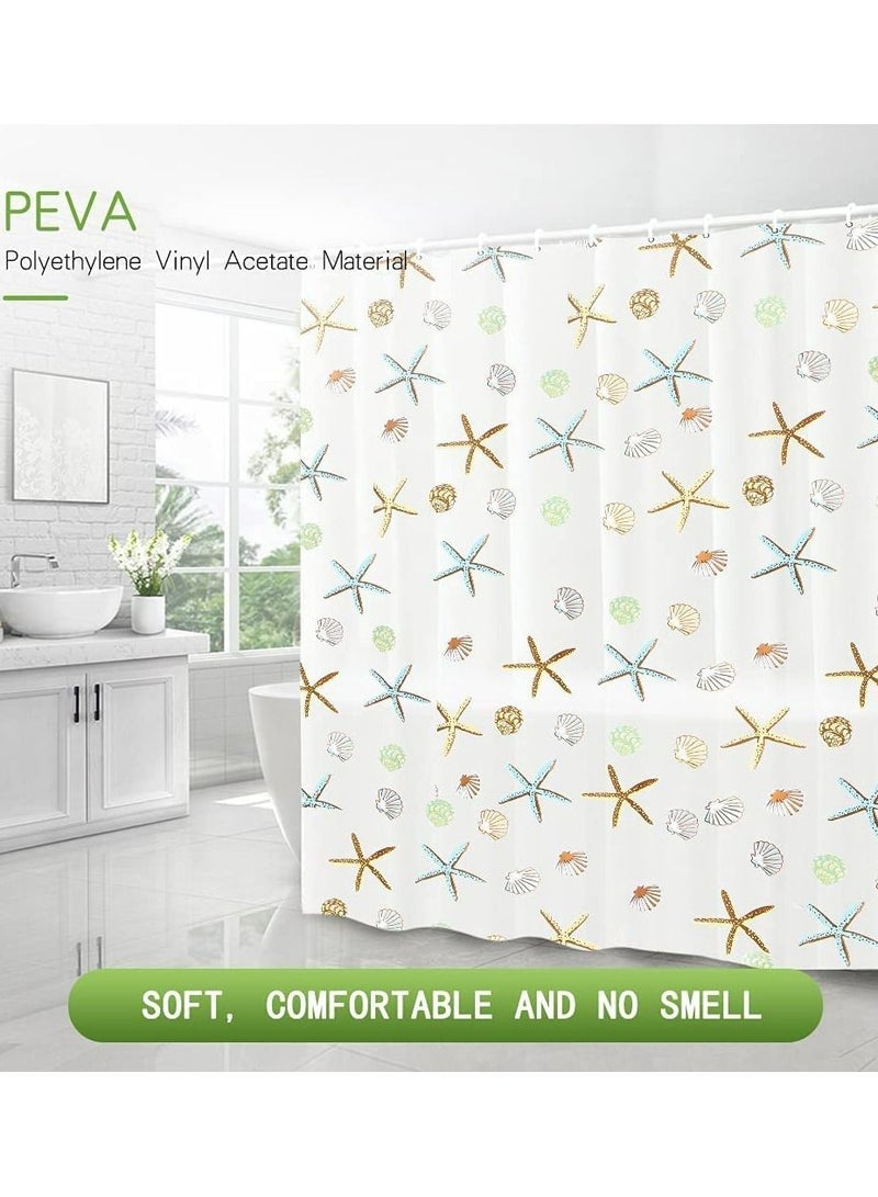 Shower Curtain Liner, 72 Inch Waterproof PEVA Shower Curtain Liners with Metal Grommets and 12 Plastic Hooks Thick Bathroom Plastic Shower Curtain Liner, Creative Starfish Printing Curtain