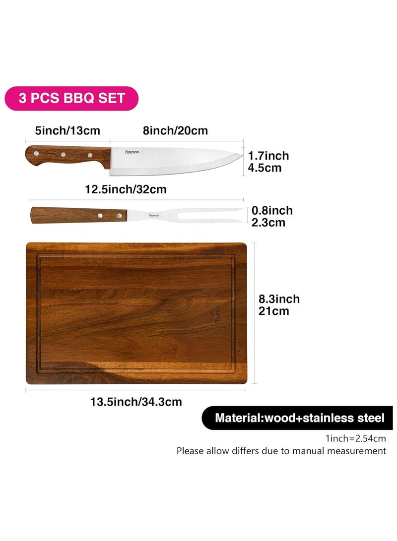 3-Piece BBQ Set Grill Tool, Stainless Steel Acacia Cutting Board, 8'' Chef Knife, Carving Meat Fork