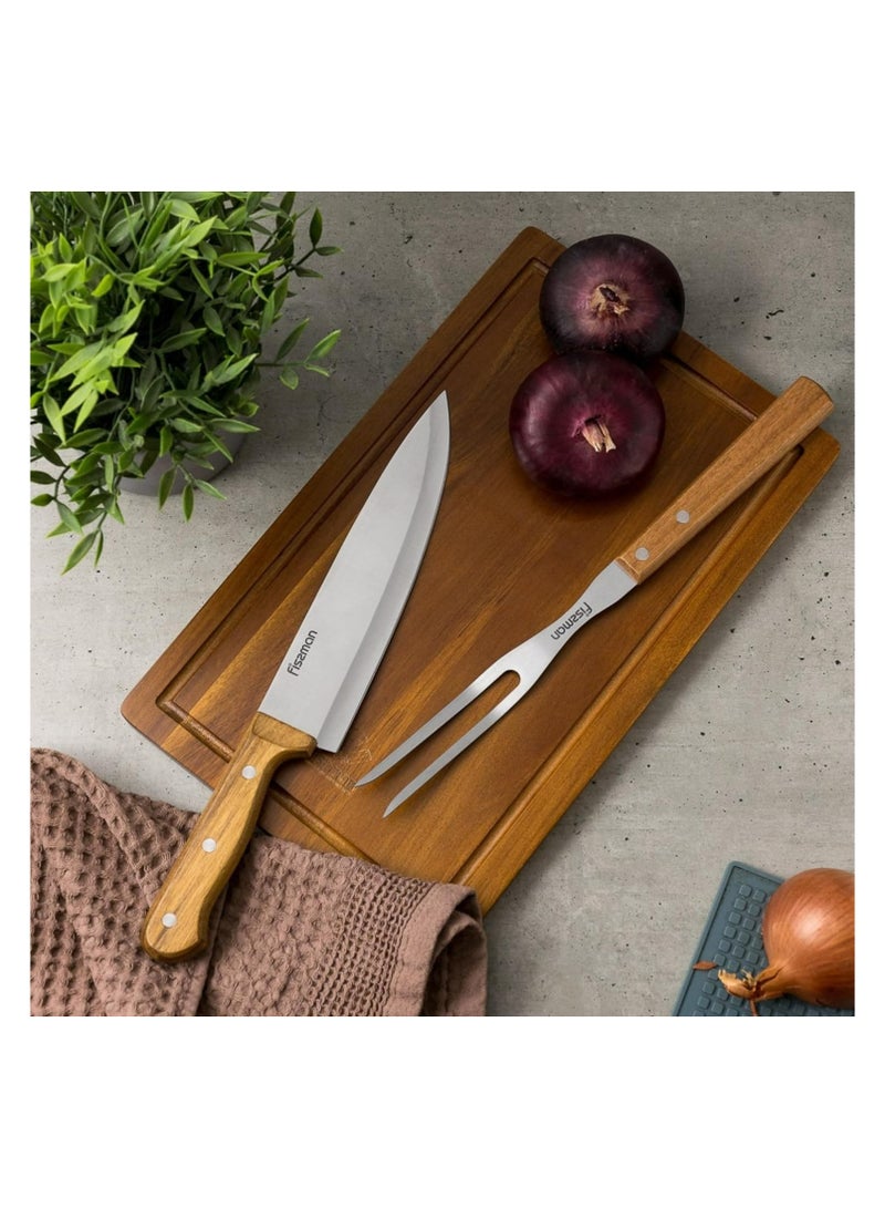 3-Piece BBQ Set Grill Tool, Stainless Steel Acacia Cutting Board, 8'' Chef Knife, Carving Meat Fork