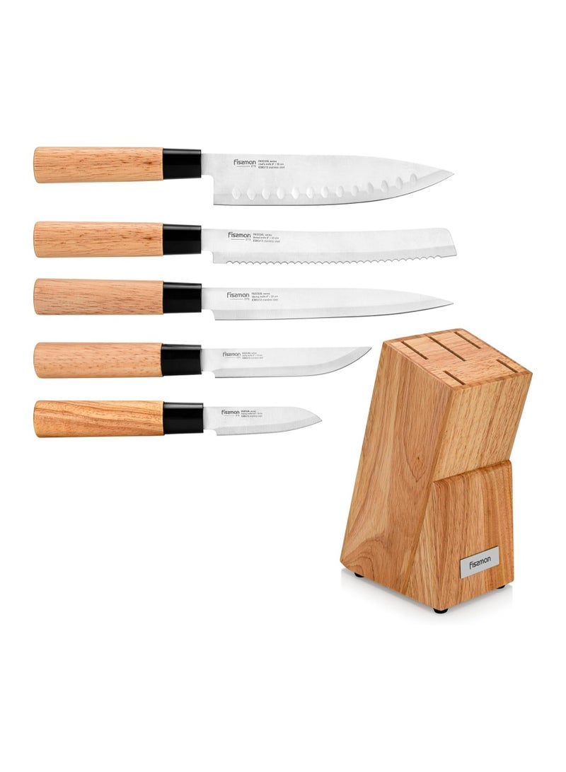 6-Piece Kitchen Knife Set with Wooden Block, Stainless Steel  Pascual Series Chef Knife, Slicing Knife, Bread Knife, Utility Knife, Paring Knife