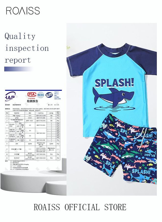 3 Piece Kids Swimsuit with Cap Set Toddler Boys Letter Shark Print Swimwear Children Swimming Trunks Short Sleeves Clothing Beachwear Bathing Suit for Summer Blue/Multicolor