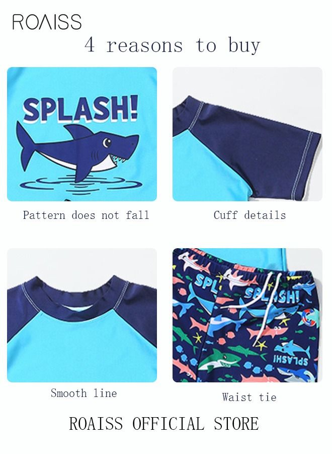 3 Piece Kids Swimsuit with Cap Set Toddler Boys Letter Shark Print Swimwear Children Swimming Trunks Short Sleeves Clothing Beachwear Bathing Suit for Summer Blue/Multicolor