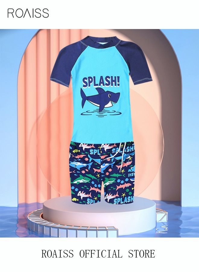 3 Piece Kids Swimsuit with Cap Set Toddler Boys Letter Shark Print Swimwear Children Swimming Trunks Short Sleeves Clothing Beachwear Bathing Suit for Summer Blue/Multicolor