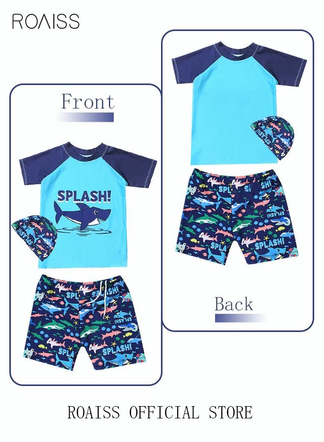 3 Piece Kids Swimsuit with Cap Set Toddler Boys Letter Shark Print Swimwear Children Swimming Trunks Short Sleeves Clothing Beachwear Bathing Suit for Summer Blue/Multicolor