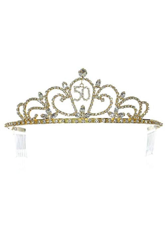 Gold Birthday Party Rhinestone Crystal Tiara Crown 50Th Fifty Fiftieth T1318