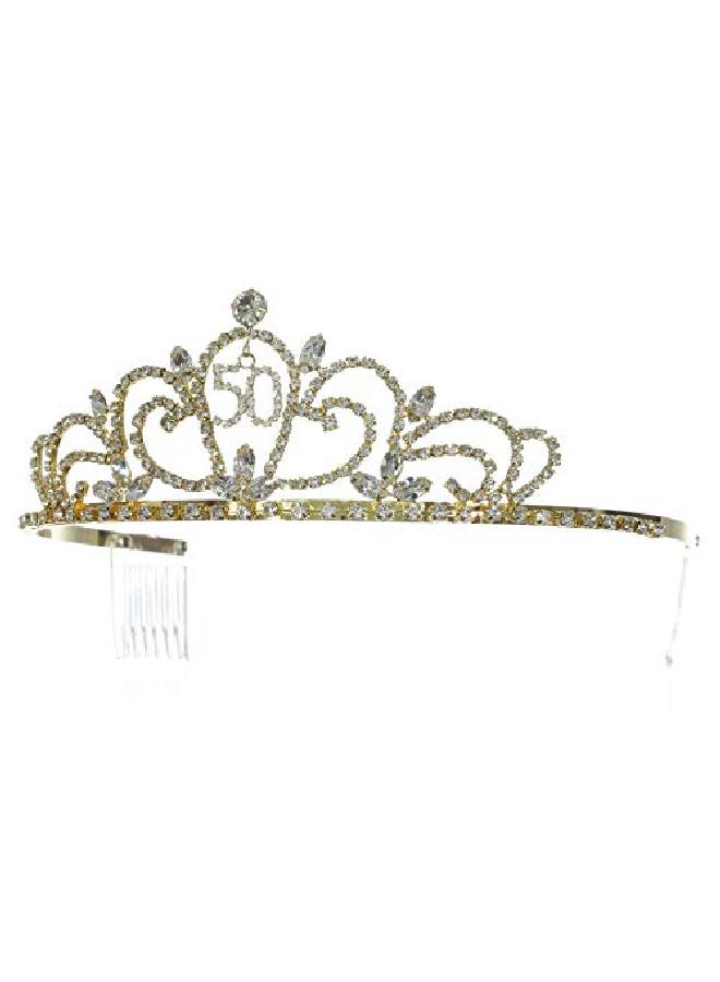 Gold Birthday Party Rhinestone Crystal Tiara Crown 50Th Fifty Fiftieth T1318