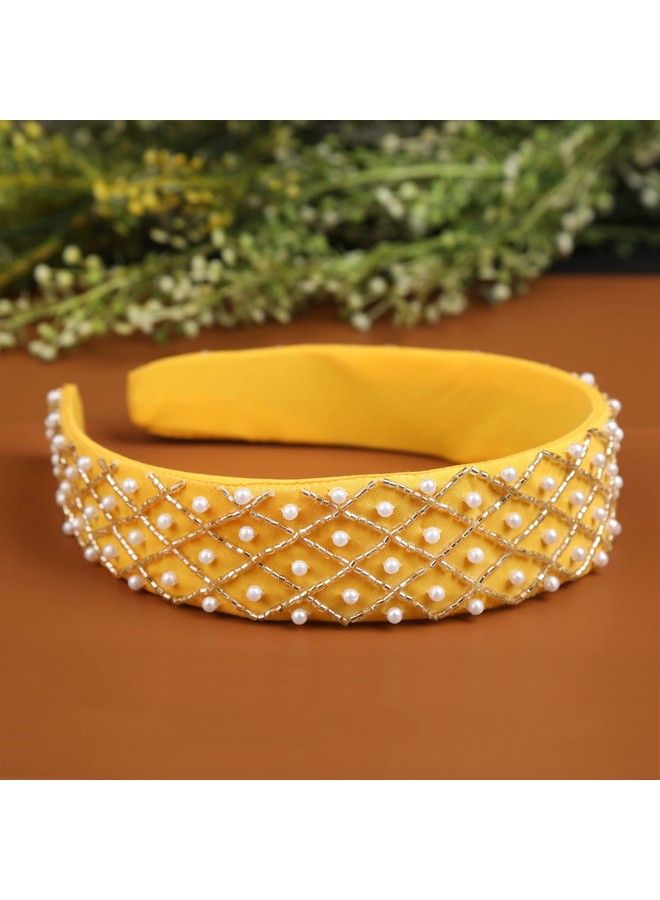 Women Casual Ear Handcrafted Yellow Designer Pearl Hairband For Girls And Women