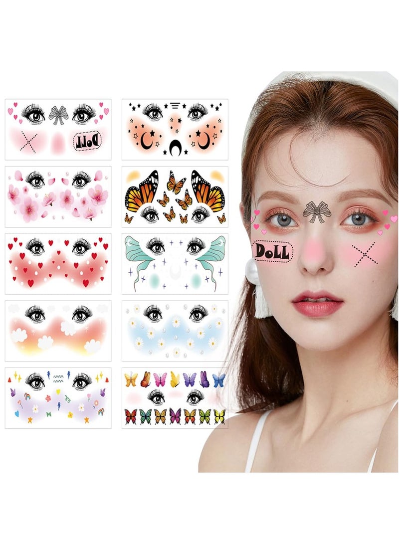 SYOSI 10 Pcs Temporary Face Tattoos, Waterproof Fake Face Tattoo, Sweet Butterfly Tattoo Sticker for Women Girls, Water Transfer Face Tattoo for Costume Parties, Makeup Dancer, Rave Musical Festivals