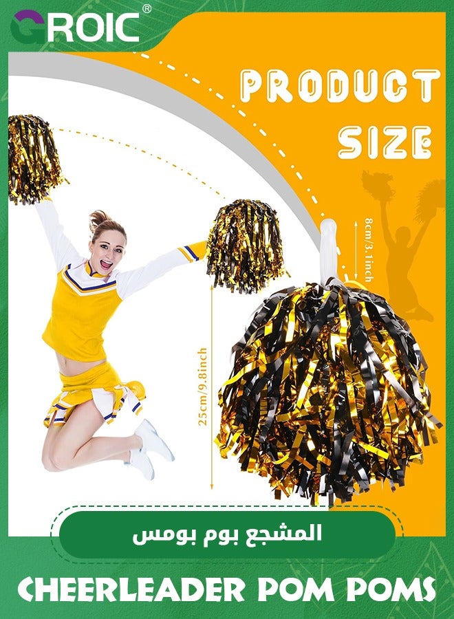 12 Pack Cheerleading Pom Poms Kit with Baton Handle Metallic Foil Squad Team Spirited Fun Cheer Pom Poms Bulk for Kids Adults Cheerleader Gifts Team Spirit Sports Dance Game Party, Black & Gold