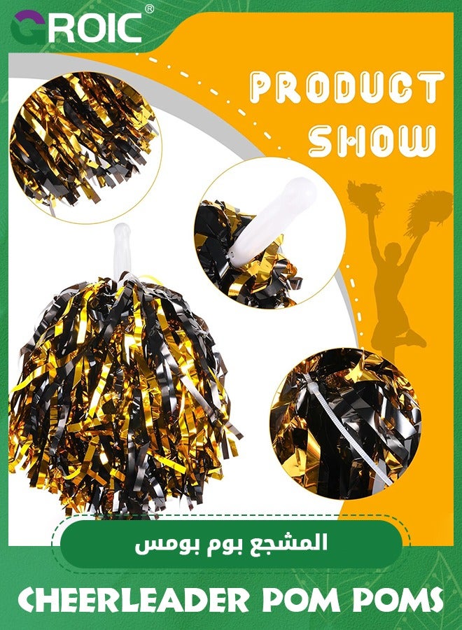 12 Pack Cheerleading Pom Poms Kit with Baton Handle Metallic Foil Squad Team Spirited Fun Cheer Pom Poms Bulk for Kids Adults Cheerleader Gifts Team Spirit Sports Dance Game Party, Black & Gold