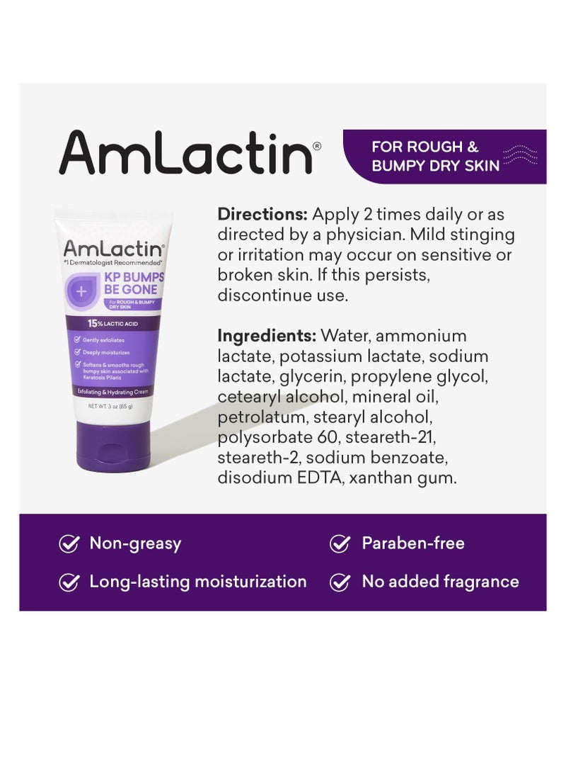 KP Bumps Be Gone 3 oz Keratosis Pilaris Moisturizing Cream with 15% Lactic Acid Exfoliator and Moisturizer for Dry Rough and Bumpy Skin Packaging May Vary