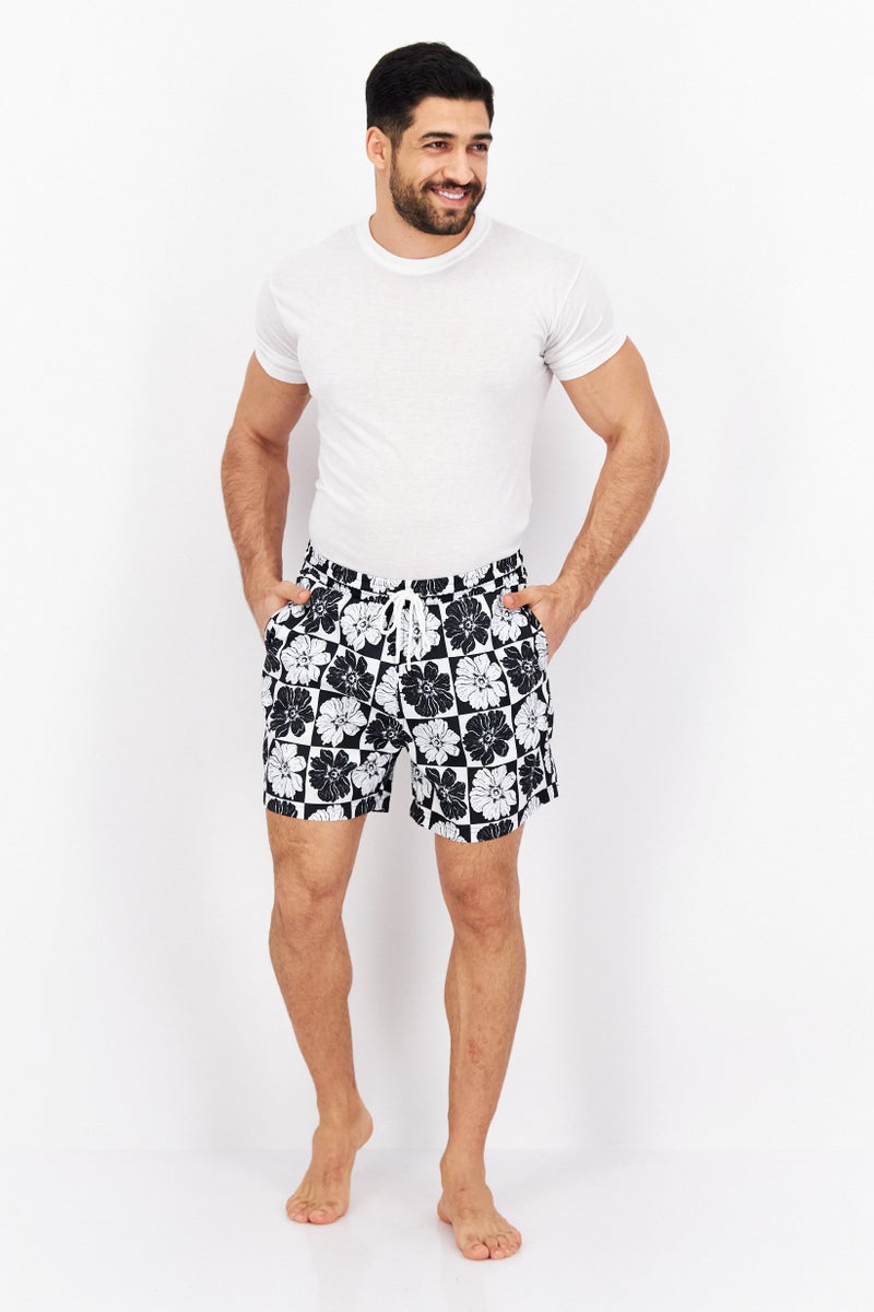 Men Floral Print Swimwear Board Shorts, Black Combo