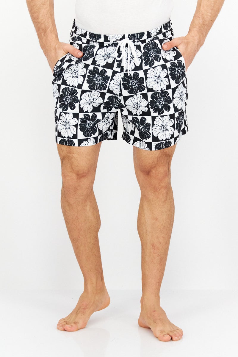 Men Floral Print Swimwear Board Shorts, Black Combo