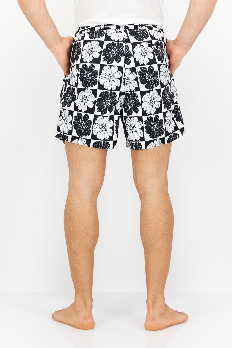 Men Floral Print Swimwear Board Shorts, Black Combo