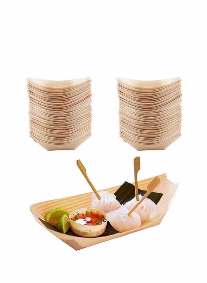 50 Pcs Wood Serving Boats Disposable Bamboo Wood Boats Dishes Plates Wooden Snack Bowls Food Serving Tray Japanese Sashimi Sushi Boat Light Brown for Party Foods Snacks Canap