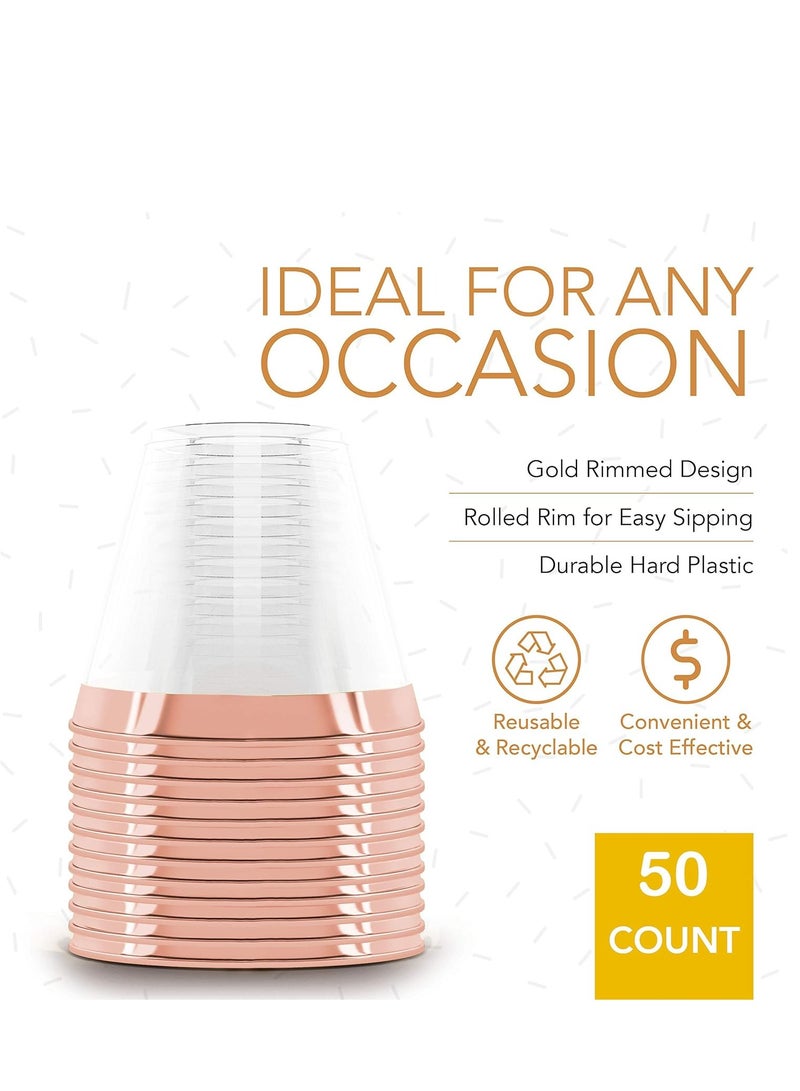 Disposable Plastic Cups 50 Pcs Elegant Rose Gold Rimmed Plastic Cups 9oz Clear Plastic Cups Gold Disposable Cups Cocktail Cups Plastic Clear Plastic Cups for Wedding Party Birthday