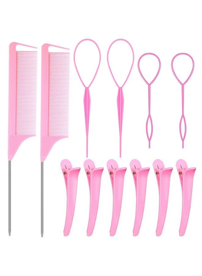 12Pcs Hair Tail Tools Set Including 4 Pcs French Braid Tool Loop Hair Loop Tool 2 Rat Tail Comb Parting Comb For Braids Hair Styling And 6 Duckbill Clips For Women Girls (Pink)