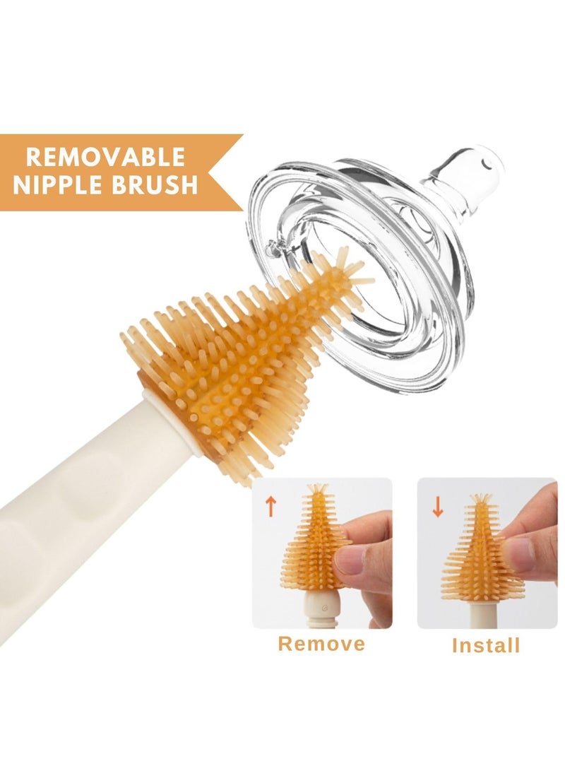 Travel Baby Bottle Brush Kit, Travel Size Baby Bottle Drying Rack Kit with Silicone Bottle Brush, Nipple Cleaning Brush and Soap Dispenser - Cute Bear