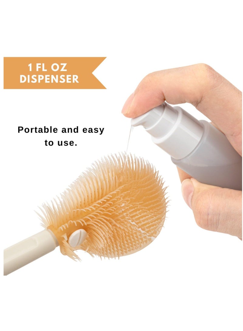 Travel Baby Bottle Brush Kit, Travel Size Baby Bottle Drying Rack Kit with Silicone Bottle Brush, Nipple Cleaning Brush and Soap Dispenser - Cute Bear