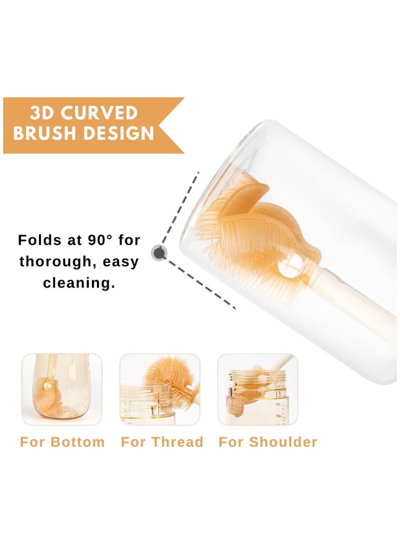 Travel Baby Bottle Brush Kit, Travel Size Baby Bottle Drying Rack Kit with Silicone Bottle Brush, Nipple Cleaning Brush and Soap Dispenser - Cute Bear
