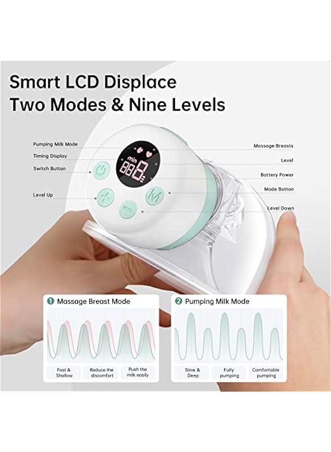 Double Wearable Electric Hands-Free Breast Pumps With 2 Modes, 9 Levels, Lcd Display, Memory Function, Rechargeable With Massage And Pumping Mode, 24Mm, Green