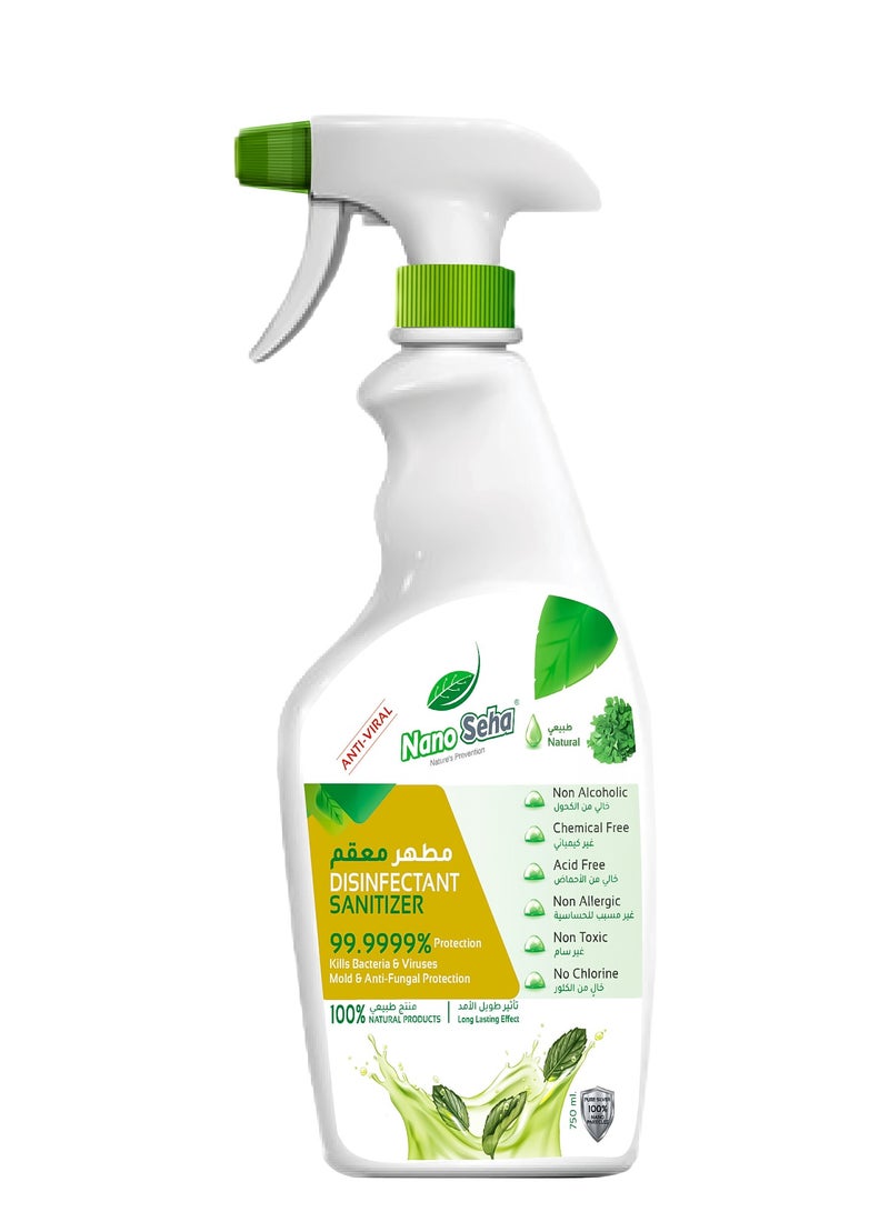 Natural Disinfectant Sanitizer | 750ml | Non-Alcoholic, Chemical-Free, Non-Toxic | Kills 99.9999% of Bacteria, Viruses, Mold, Fungi, and Spores | Long-Lasting, Acid-Free, Non-Allergic