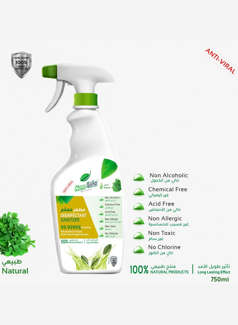 Natural Disinfectant Sanitizer | 750ml | Non-Alcoholic, Chemical-Free, Non-Toxic | Kills 99.9999% of Bacteria, Viruses, Mold, Fungi, and Spores | Long-Lasting, Acid-Free, Non-Allergic