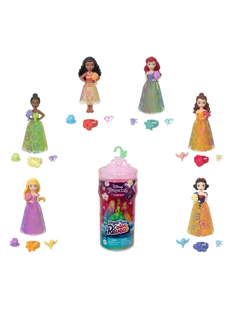 Disney Princess Toys, Small Doll Royal Color Reveal with 6 Surprises Including Scented Ring & 4 Accessories, Garden Party Series 1Piece (Dolls May Vary)