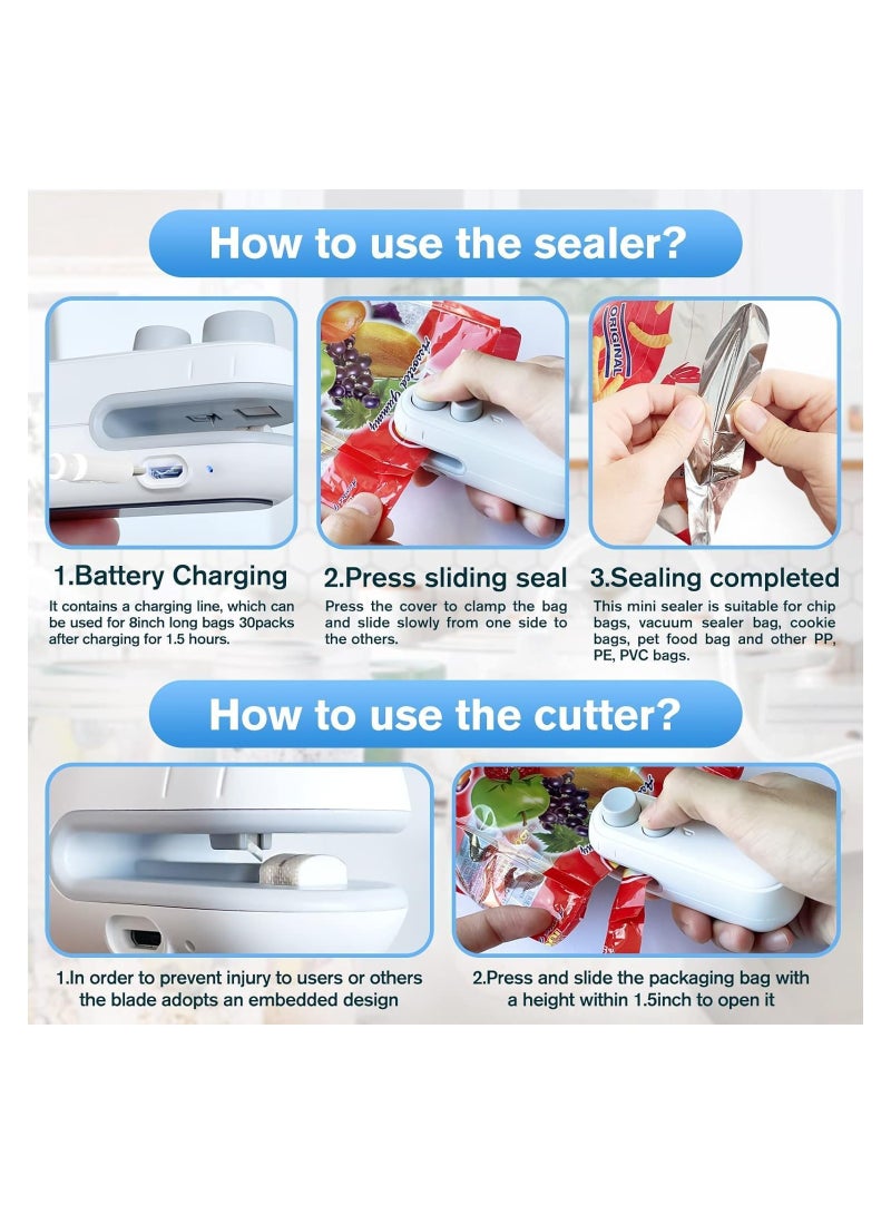 Mini Bag Sealer, 2 in 1 Heat Sealer For Snacks, Rechargeable Handheld Plastic Bag Resealer, Vacuum Bag Sealing Machine Portable, Keep Food Chips Cookies Fresh (White)