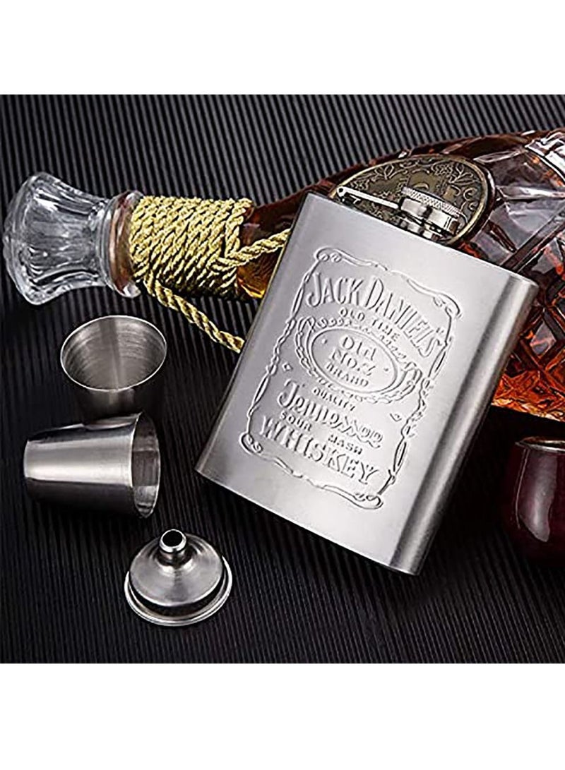 SYOSI Hip Flasks for Liquor Set, Premium Stainless Hip Flask with 2 Cups and Funnel Gift Box Pocket Friendly Pocket Drinking Flask for Men and Women (Silver 210ml)