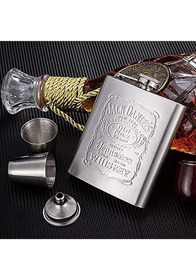 SYOSI Hip Flasks for Liquor Set, Premium Stainless Hip Flask with 2 Cups and Funnel Gift Box Pocket Friendly Pocket Drinking Flask for Men and Women (Silver 210ml)