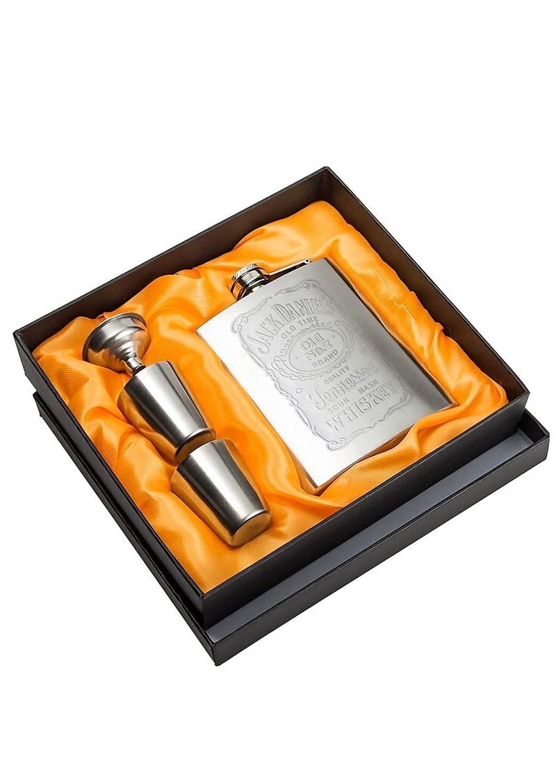 SYOSI Hip Flasks for Liquor Set, Premium Stainless Hip Flask with 2 Cups and Funnel Gift Box Pocket Friendly Pocket Drinking Flask for Men and Women (Silver 210ml)