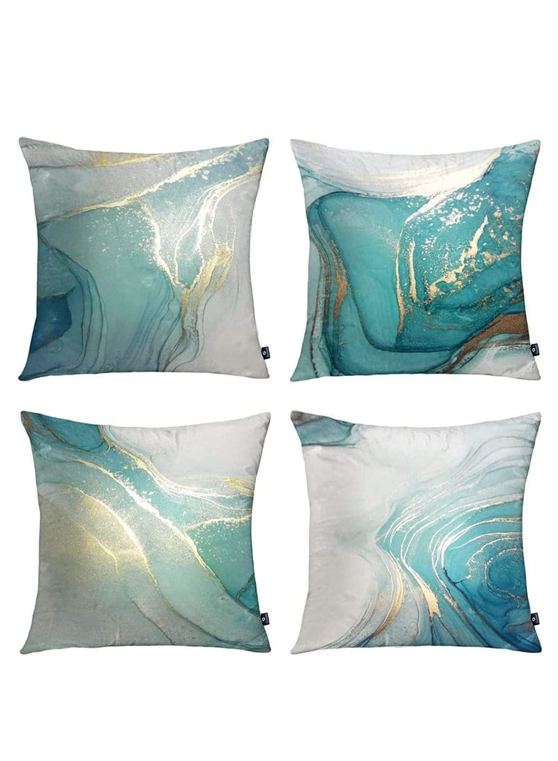 Throw Pillow Covers, Marble Texture Turquoise and Gold Silver Decorative Case Set of 4, Luxury Abstract Fluid Art Ink Soft Velvet Square Cushion Covers for Bed Sofa Home Decor, 45 x 45cm