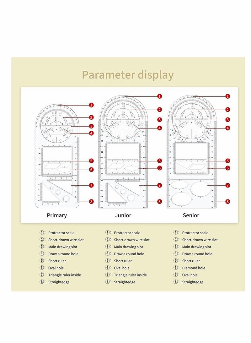 3Pcs Multifunctional Geometric Ruler, Mathematics Drawing Ruler, Geometric Drawing Template Measuring Draft Rulers for Student School Office